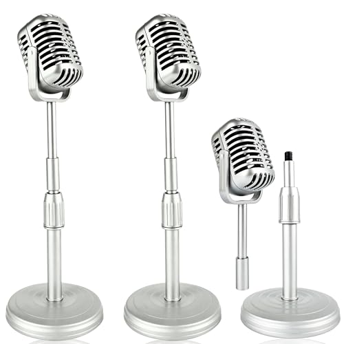 Norcoin 2 Pcs Vintage Microphone Prop Liftable Retro Microphone Prop Model Fake with Stand Plastic Classic Antique Mic Toy for Role Play Party Costume Stage Table Decorations Old Fashioned Silver - Image 1
