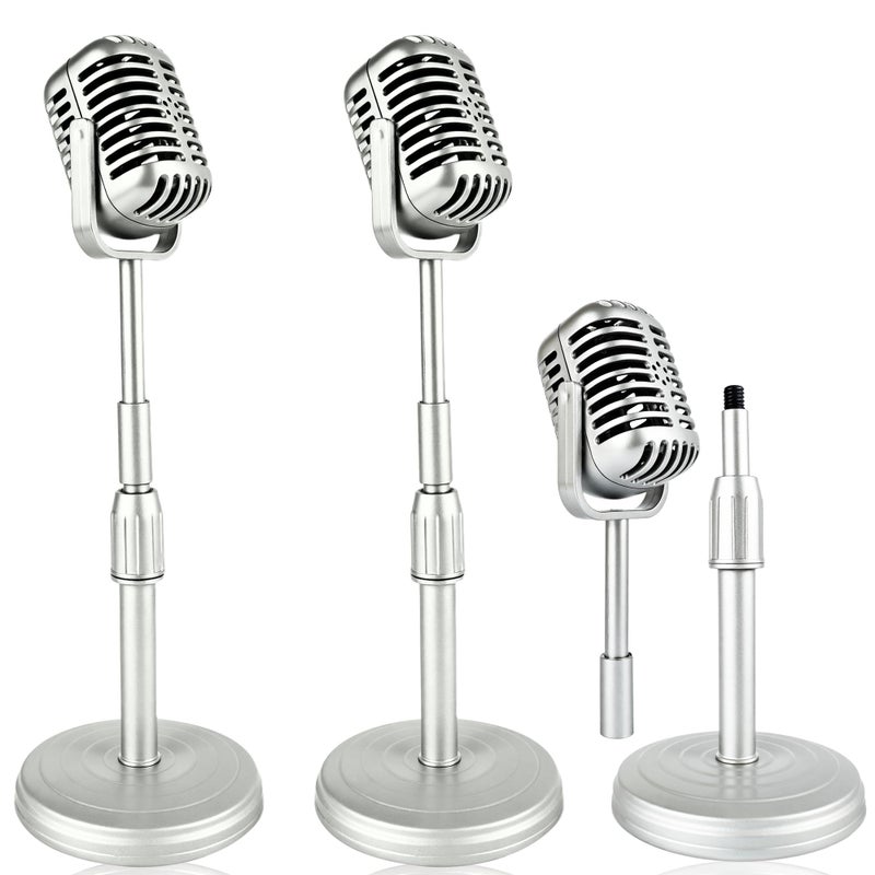 Norcoin 2 Pcs Vintage Microphone Prop Liftable Retro Microphone Prop Model Fake with Stand Plastic Classic Antique Mic Toy for Role Play Party Costume Stage Table Decorations Old Fashioned Silver - Image 3