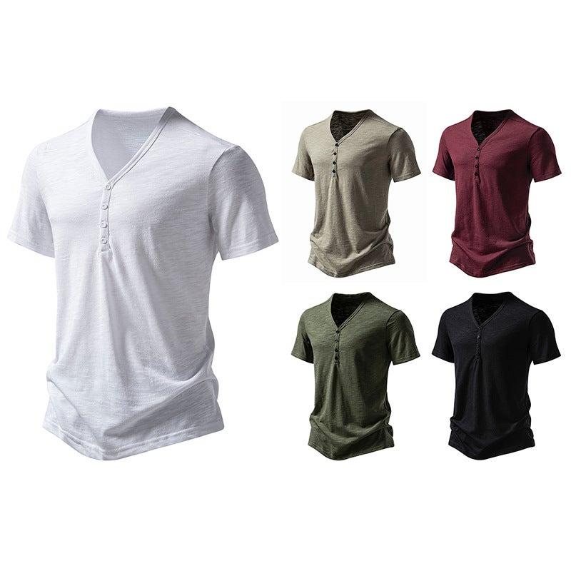 new four button men''s V-neck bamboo short sleeve T-shirt 012P30 - Image 3