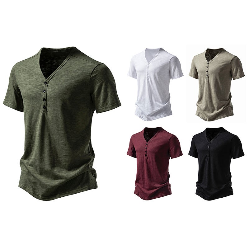 new four button men''s V-neck bamboo short sleeve T-shirt 012P30 - Image 4