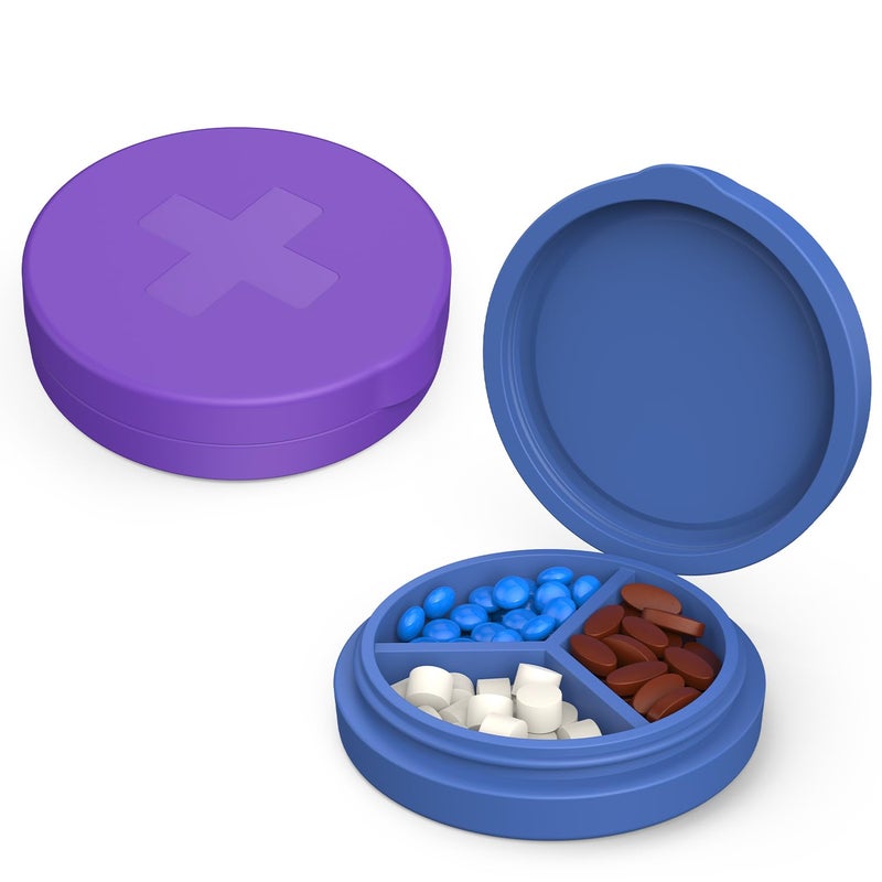 Easyhope 2 Pack Small Pill Box3 Compartment Round Silicone Travel Pill Box for Purse Pocket Waterproof Portable Compact Medicine Holder for Vitamin Cod Liver Oil SupplementPurpleBlue - Image 3