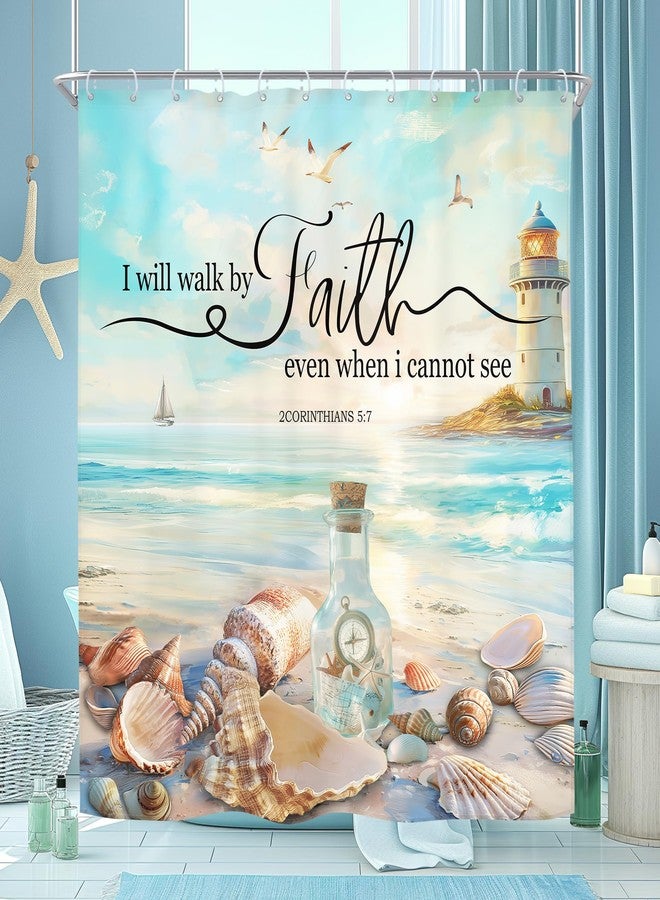 Riyidecor Beach Christian Shower Curtain Bible Verse Scripture Ocean Beachy Hawaiian Coastal Lighthouse 60Wx72H Inch Starfish Seashells Fabric Decor Bathroom Polyester Waterproof 12 Pack Hooks - Image 1