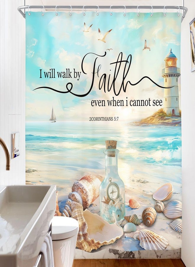 Riyidecor Beach Christian Shower Curtain Bible Verse Scripture Ocean Beachy Hawaiian Coastal Lighthouse 60Wx72H Inch Starfish Seashells Fabric Decor Bathroom Polyester Waterproof 12 Pack Hooks - Image 4