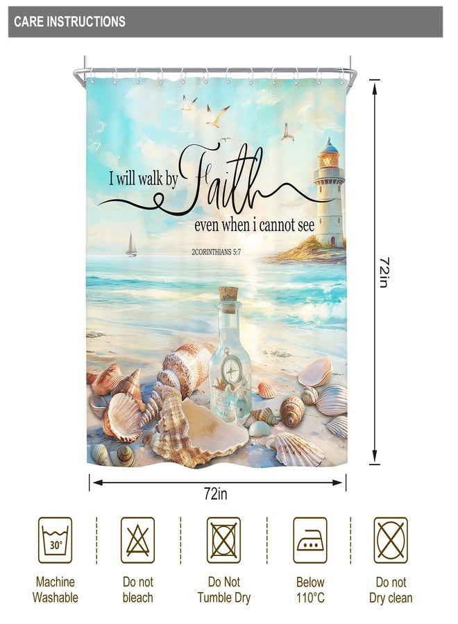 Riyidecor Beach Christian Shower Curtain Bible Verse Scripture Ocean Beachy Hawaiian Coastal Lighthouse 60Wx72H Inch Starfish Seashells Fabric Decor Bathroom Polyester Waterproof 12 Pack Hooks - Image 5