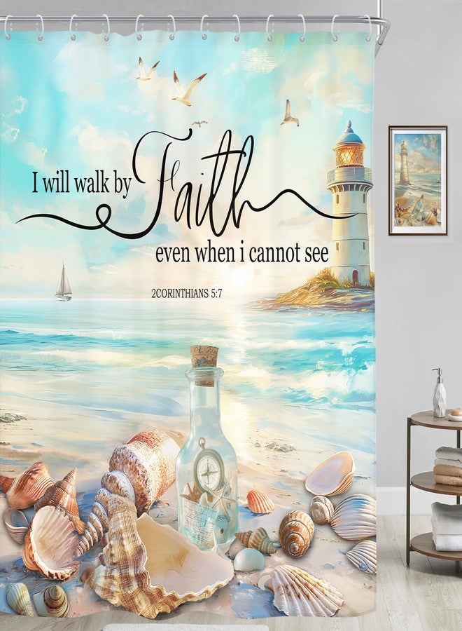 Riyidecor Beach Christian Shower Curtain Bible Verse Scripture Ocean Beachy Hawaiian Coastal Lighthouse 60Wx72H Inch Starfish Seashells Fabric Decor Bathroom Polyester Waterproof 12 Pack Hooks - Image 2