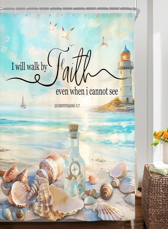 Riyidecor Beach Christian Shower Curtain Bible Verse Scripture Ocean Beachy Hawaiian Coastal Lighthouse 60Wx72H Inch Starfish Seashells Fabric Decor Bathroom Polyester Waterproof 12 Pack Hooks - Image 3