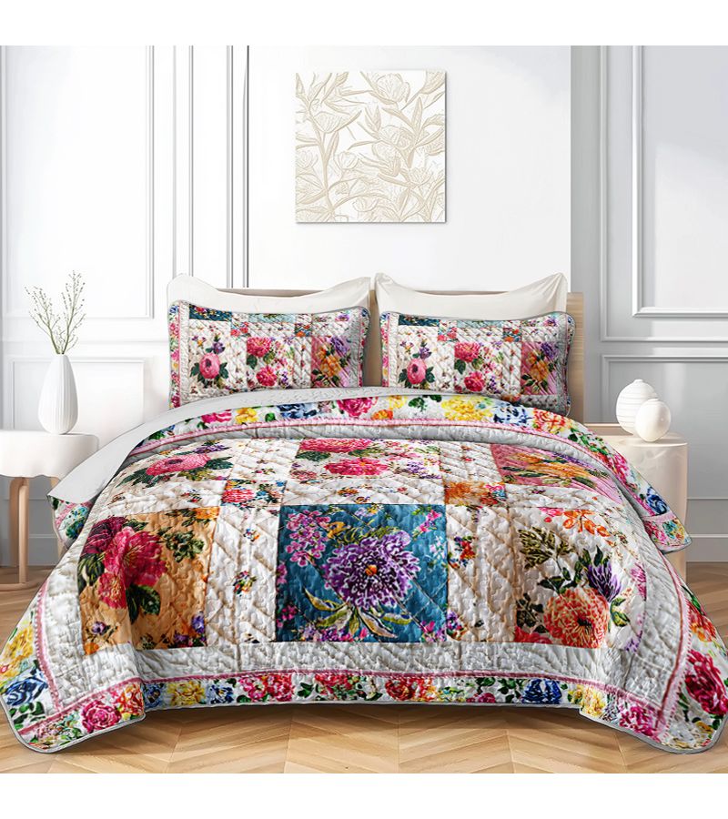 قطعتان من طقم غطاء سرير منقوش بالزهور النابضة بالحياة على الطراز الريفي العتيق، مقاس 86.61 × 94.49 بوصة، غطاء سرير كبير الحجم للسرير الملكي مزود بأكياس وسائد، طباعة عالية الوضوح، قابل للتنفس وسهل العناية به، مناسب للمنزل وأسرة المهاجع وغرف النوم. - Image 2