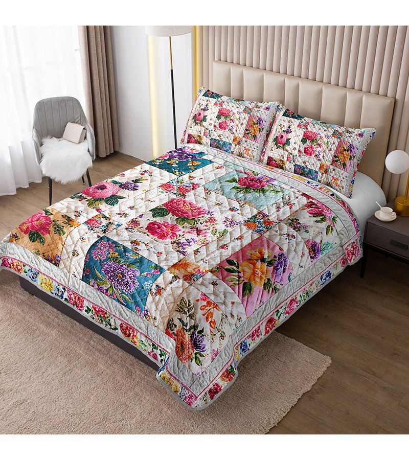 قطعتان من طقم غطاء سرير منقوش بالزهور النابضة بالحياة على الطراز الريفي العتيق، مقاس 86.61 × 94.49 بوصة، غطاء سرير كبير الحجم للسرير الملكي مزود بأكياس وسائد، طباعة عالية الوضوح، قابل للتنفس وسهل العناية به، مناسب للمنزل وأسرة المهاجع وغرف النوم. - Image 4