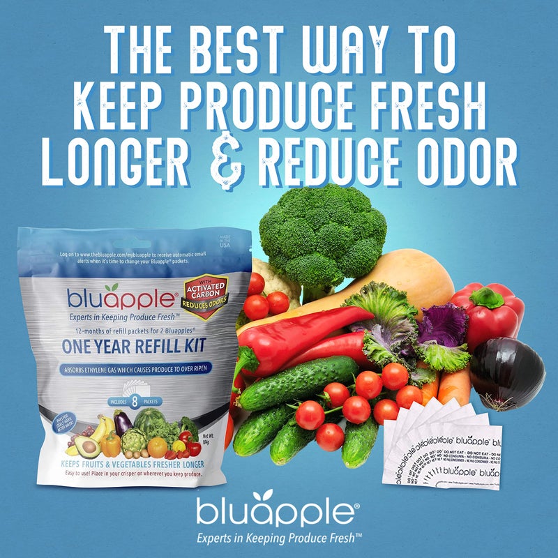 BluApple One Year Refill Kit Includes 8 Packets for 2 Bluapples with Carbon - for 1 Full Year to Keep Produce Fresh Longer and Help Absorb Unwanted Odors - Image 2