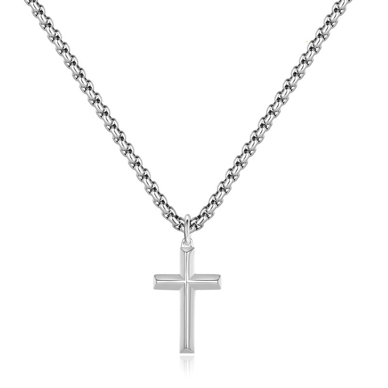 REVEMCN Black Gold Silver Cross Necklace for Boys Stainless Steel Mens Cross Pendant Chain Necklace for Men Women Religious Jewelry Gifts for Boys Girls Chain 16-24 Inches (16 inches, Silver - 0.8'' Ã— 0.5'' beveled cross pendant) - Image 1