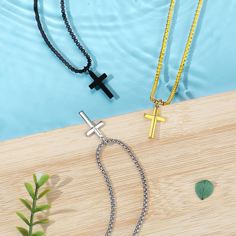 REVEMCN Black Gold Silver Cross Necklace for Boys Stainless Steel Mens Cross Pendant Chain Necklace for Men Women Religious Jewelry Gifts for Boys Girls Chain 16-24 Inches (16 inches, Silver - 0.8'' Ã— 0.5'' beveled cross pendant) - Image 5