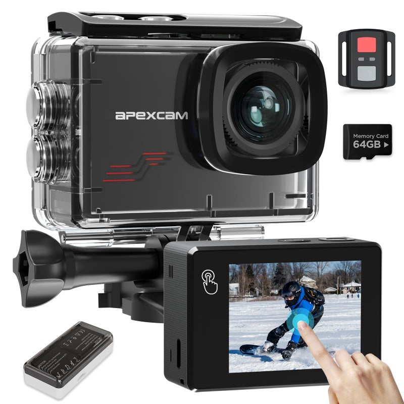 Apexcam Action Camera 4K Touch Screen 131FT Waterproof Camera Underwater 60FPS 64MP Sports Camera Helmet for Vlog WiFi Camcorder 8X Zoom Remote Control 64GB CardMount Accessories - Image 2