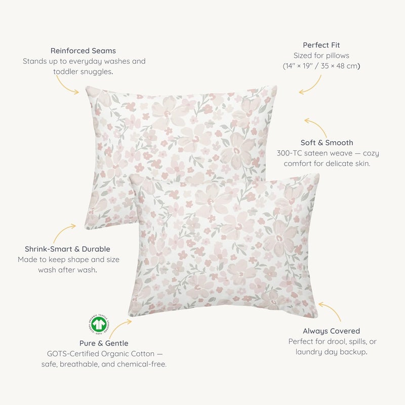 MakeMake Organics Organic Toddler Pillowcase (Set of 2) GOTS Certified Organic Cotton Pillowcase - Ultra Soft Breathable Fits 13x18 Girls Neutral Unisex Flowers (14"x19", Blossom) - Image 2
