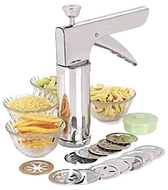 DHARMINSON Stainless Steel Kitchen Press with Different Types of JALIE Murukku Maker Bhujiya Maker Noodles Cookies Namkeen Chakali Maker Sev Maker Farsan Maker Gathiya Maker Chakali Maker - Image 1