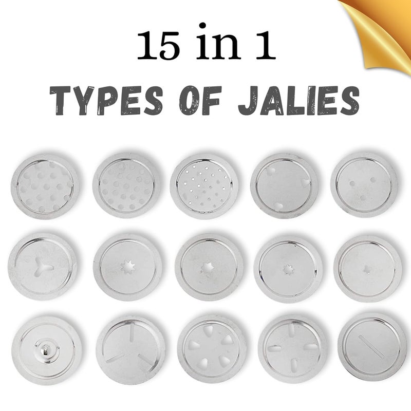DHARMINSON Stainless Steel Kitchen Press with Different Types of JALIE Murukku Maker Bhujiya Maker Noodles Cookies Namkeen Chakali Maker Sev Maker Farsan Maker Gathiya Maker Chakali Maker - Image 2