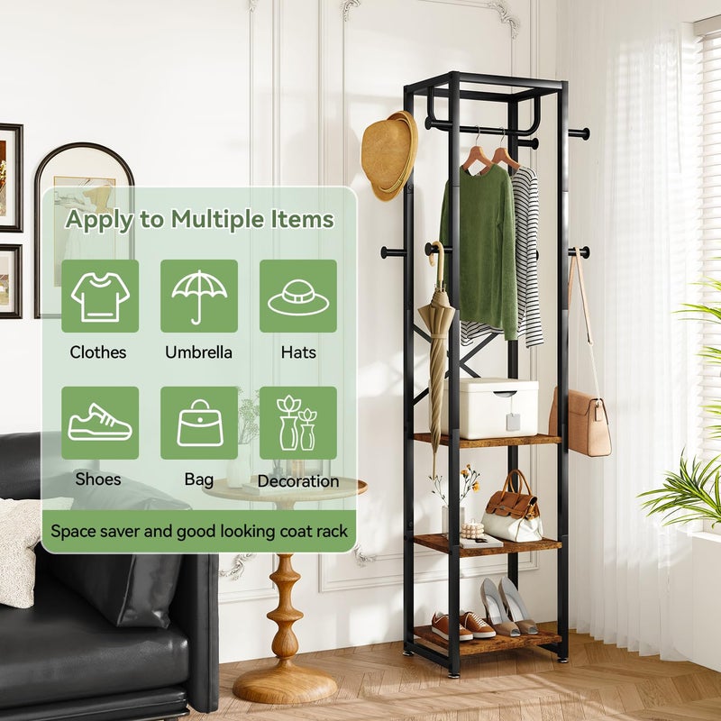 IBUYKE Coat Rack with Shelves, Freestanding Hall Tree with 3 Shelves and 8 Hooks, Industrial Clothes Stand for Entryway, Hallway, Bedroom, Rustic Brown UTMJ088H - Image 2