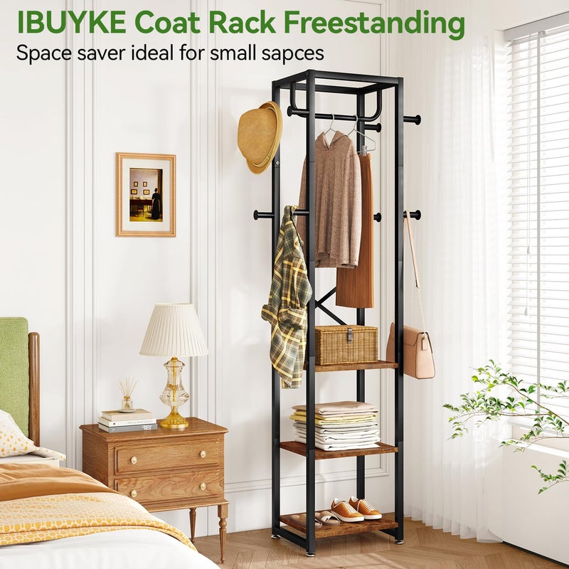 IBUYKE Coat Rack with Shelves, Freestanding Hall Tree with 3 Shelves and 8 Hooks, Industrial Clothes Stand for Entryway, Hallway, Bedroom, Rustic Brown UTMJ088H - Image 4