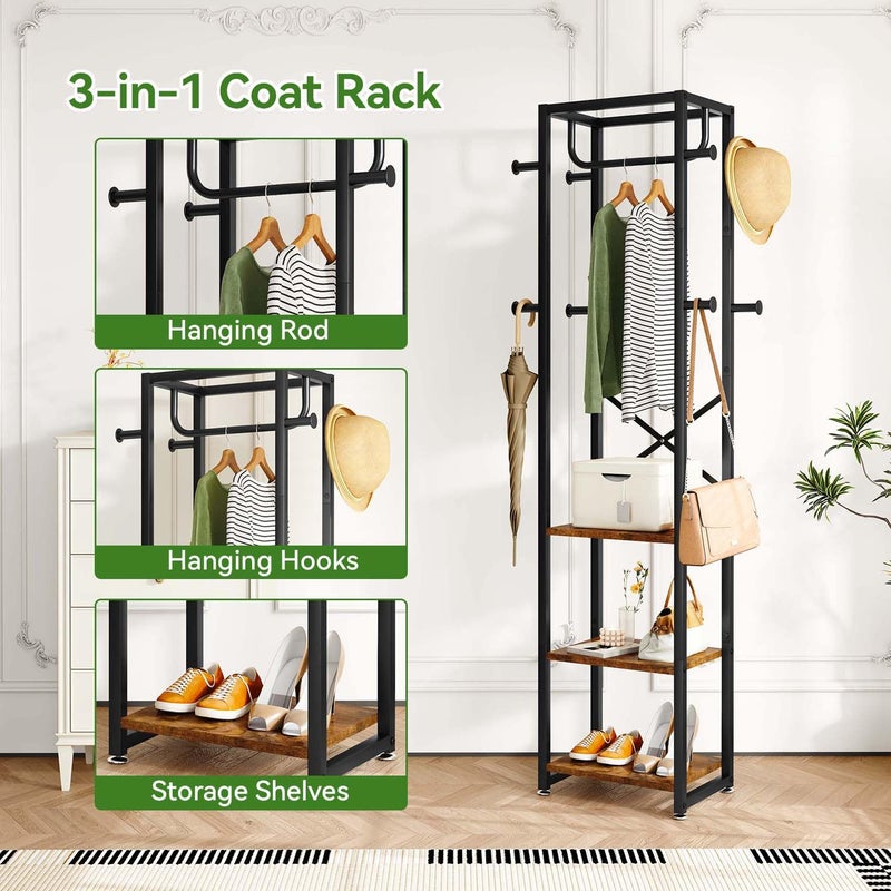 IBUYKE Coat Rack with Shelves, Freestanding Hall Tree with 3 Shelves and 8 Hooks, Industrial Clothes Stand for Entryway, Hallway, Bedroom, Rustic Brown UTMJ088H - Image 3