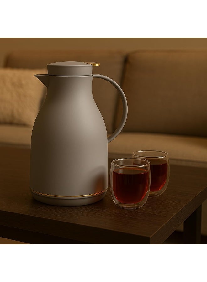 ماستر جولد ترمس شاي وقهوة بسعة لتر واحد بتصميم أنيق | قارورة حرارية للمشروبات الساخنة والباردة | ترمس محكم الإغلاق بحافة ذهبية وزر جانبي | مناسب للمكاتب والفنادق والاستخدام اليومي - Image 1