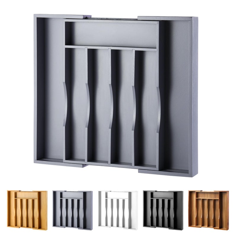 oridom Expandable Bamboo Kitchen Drawer Organizer for Cutlery and Utensils, Adjustable Bamboo Wood Cutlery Tray in Drawer for Flatware and Silverware in Kitchen, (Grey) - Image 1