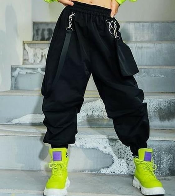 Ameeha Cotton Blend Solid Girls Hip Hop Dance Clothes 3Pcs Crop Top Cargo Pants Sets Active Outfits (6 Years-7 Years), Black - Image 5