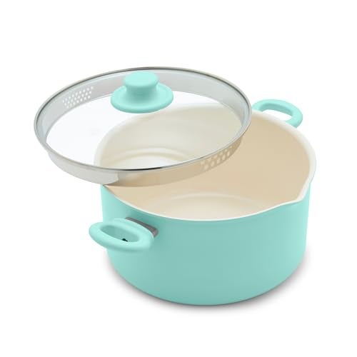 GreenLife 6QT Nonstick Stockpot with Straining Lid, Soft Grip, PFAS-Free Ceramic, Pour Spout, Multipurpose Cooking Pot, Sauces & Soups, Milk Pan, Stay-Cool Handles, Dishwasher & Oven Safe, Turquoise - Image 1