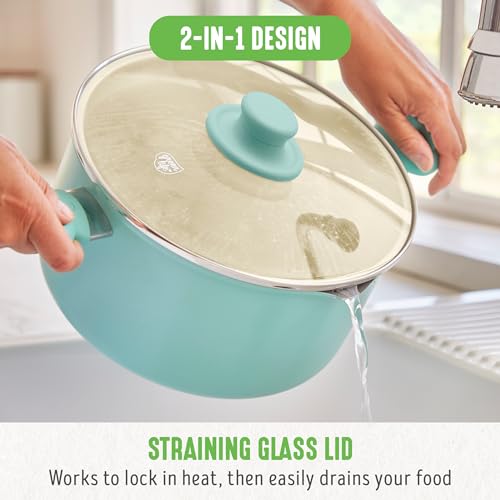 GreenLife 6QT Nonstick Stockpot with Straining Lid, Soft Grip, PFAS-Free Ceramic, Pour Spout, Multipurpose Cooking Pot, Sauces & Soups, Milk Pan, Stay-Cool Handles, Dishwasher & Oven Safe, Turquoise - Image 4