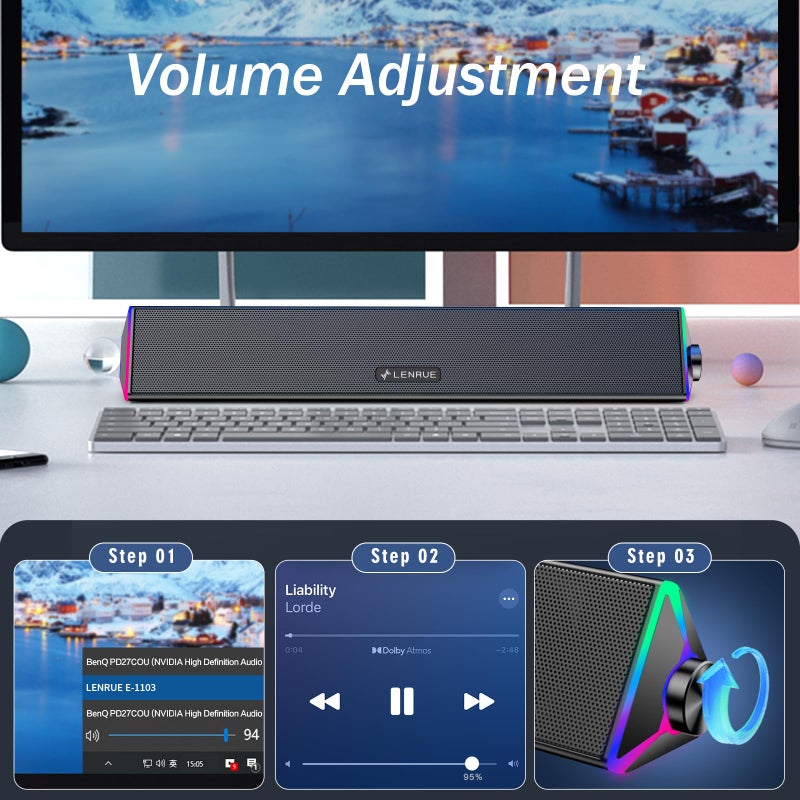 LENRUE Computer Speakers for Desktop,PC Speakers with Single USB for Power and Stereo Sound,Touch Lights Gaming Speakers Sound bar for Desktop PC Laptop(USB-C Adapter Included) - Image 4