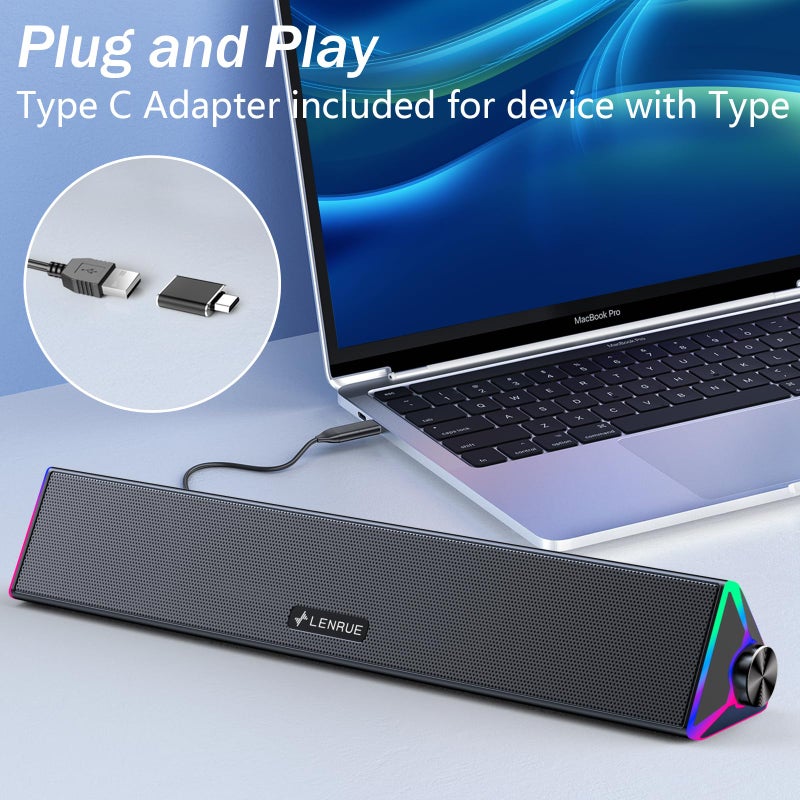 LENRUE Computer Speakers for Desktop,PC Speakers with Single USB for Power and Stereo Sound,Touch Lights Gaming Speakers Sound bar for Desktop PC Laptop(USB-C Adapter Included) - Image 5