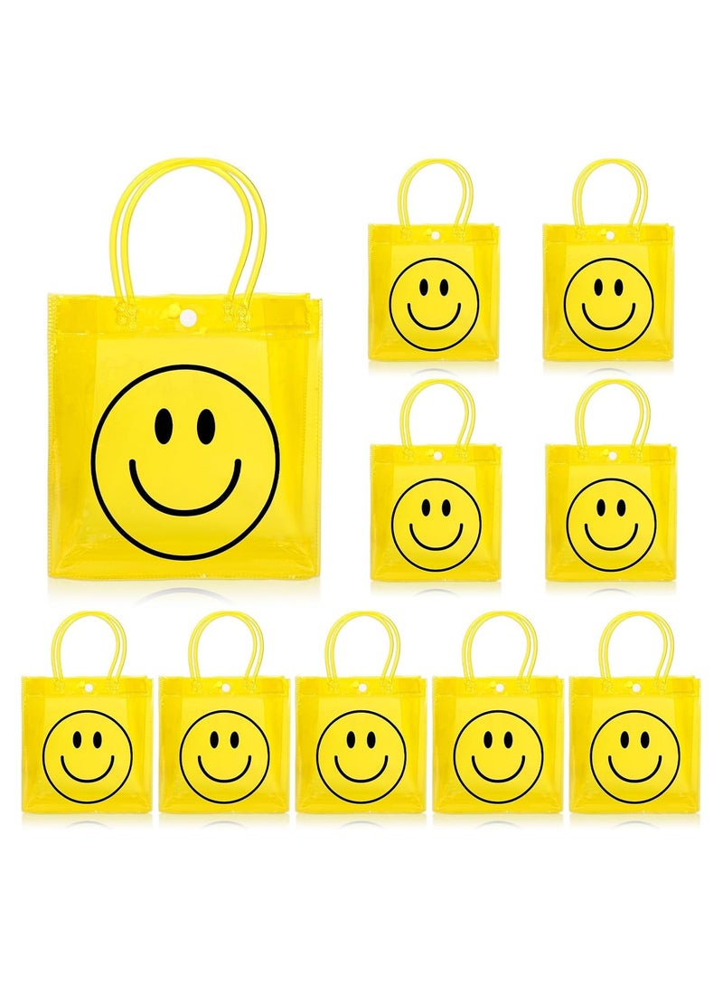 عام **حقيبة حفلات PVC صفراء بوجه مبتسم مع مقبض - 12 كيس هدايا متعدد الوظائف، مناسبة لفعاليات المدارس، أعياد الميلاد وحفلات الأطفال، مقاس 8x8 بوصة.** - Image 1