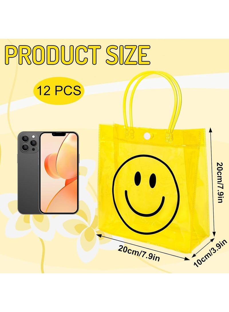 عام **حقيبة حفلات PVC صفراء بوجه مبتسم مع مقبض - 12 كيس هدايا متعدد الوظائف، مناسبة لفعاليات المدارس، أعياد الميلاد وحفلات الأطفال، مقاس 8x8 بوصة.** - Image 2