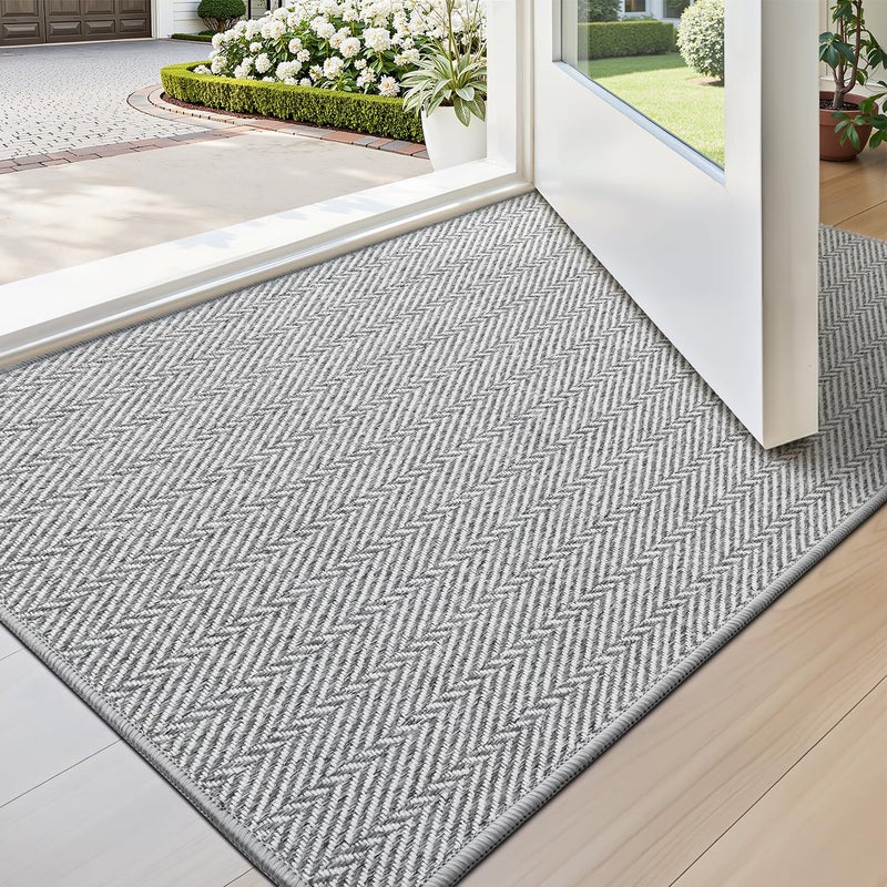LUMI Ultra Thin Indoor Door Mat for Entrance 17"x30", Non Slip Entryway Mat, Low Profile Doormat, Unique Herringbone Design Carpet for Inside, Patio, Porch, Gray - Image 1