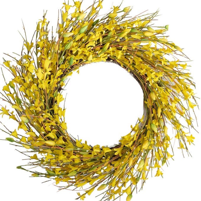 18INCH ARTIFICIAL FORSYTHIA FLOWER WREATH ALL YEAR AROUND WREATH FOR FRONT DOOR WEDDING WINDOW HOME WALL INDOOR FRONT DOOR DECOR YELLOW 18IN