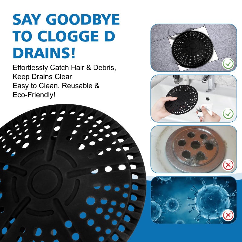 ZOOY Shower Drain Hair Catcher, 2 Pack 5.5 Inch Silicone Large Drain Cover, Bathroom Hair Drain Catcher, Flat Anti-Clog Hair Trap for Shower, Bathtub, Tub & Sink Hair Strainer(Black) - Image 4