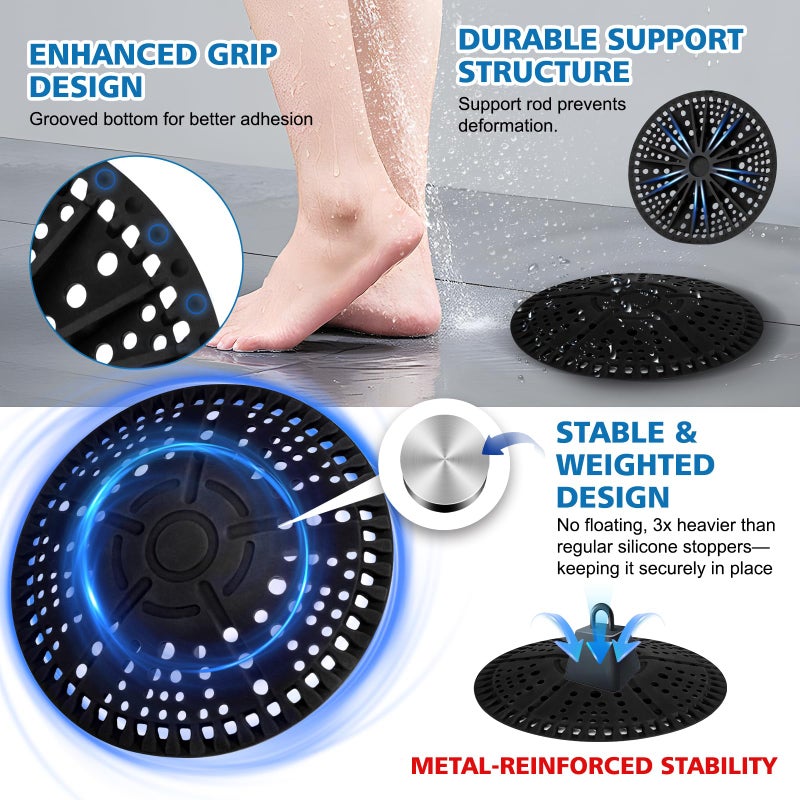 ZOOY Shower Drain Hair Catcher, 2 Pack 5.5 Inch Silicone Large Drain Cover, Bathroom Hair Drain Catcher, Flat Anti-Clog Hair Trap for Shower, Bathtub, Tub & Sink Hair Strainer(Black) - Image 2