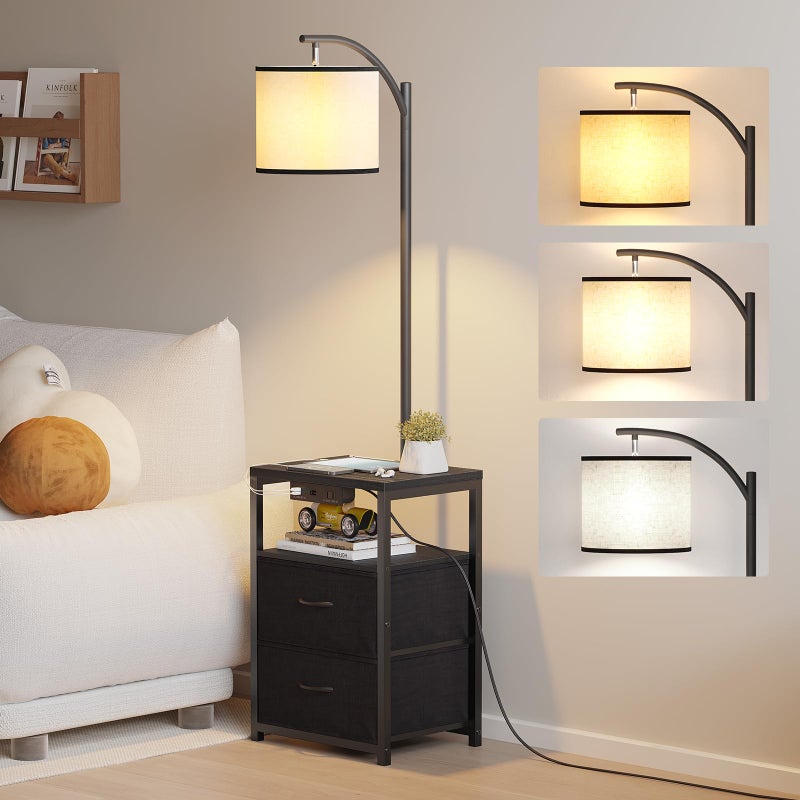 SUNMORY Floor Lamp with Table & 2 Drawers, Lamp with USB Port and Outlet, Lamps for Nightstand with 3 Color Temperature Led Bulb Included, Floor Lamps for Living Room, Bedroom and Home Office, Black - Image 1