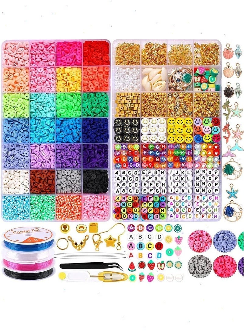 Beads for Jewellery Making, 28 Color Flat Round Polymer Clay Beads 6mm Heishi Clay Beads with Charms Kit and Elastic Strings for Jewelry Making Bracelets Necklace for Girls Teens Kids - Image 1