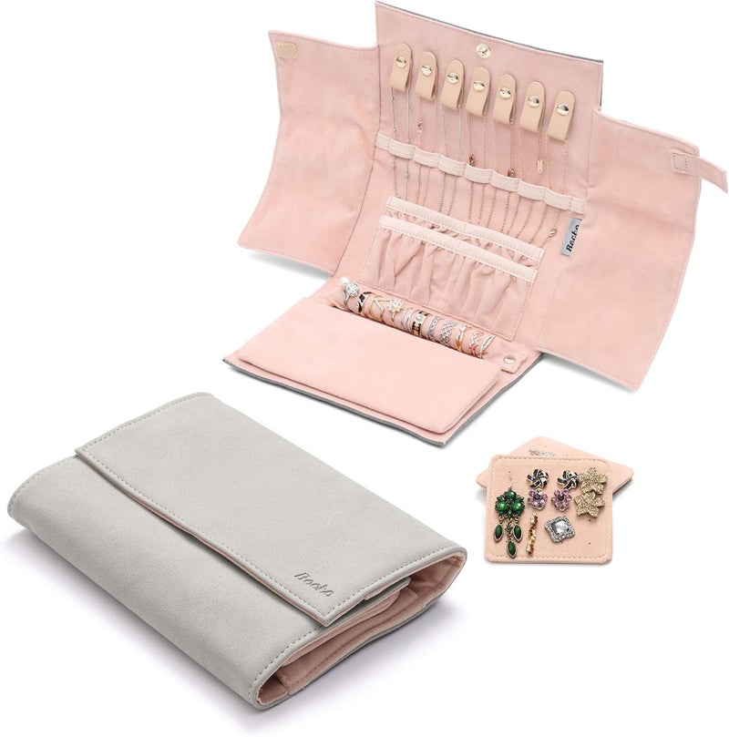 Becko US Becko Jewelry Organizer Roll Travel Jewel Bag for Necklaces, Rings, and Bracelets - Gray - Image 5