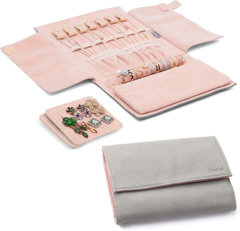 Becko US Becko Jewelry Organizer Roll Travel Jewel Bag for Necklaces, Rings, and Bracelets - Gray - Image 1