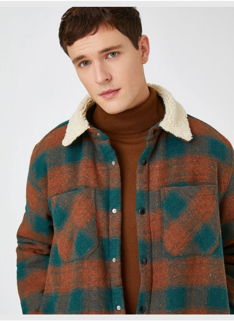 كوتون Check Plaid Shirt Jacket Neck Detailed