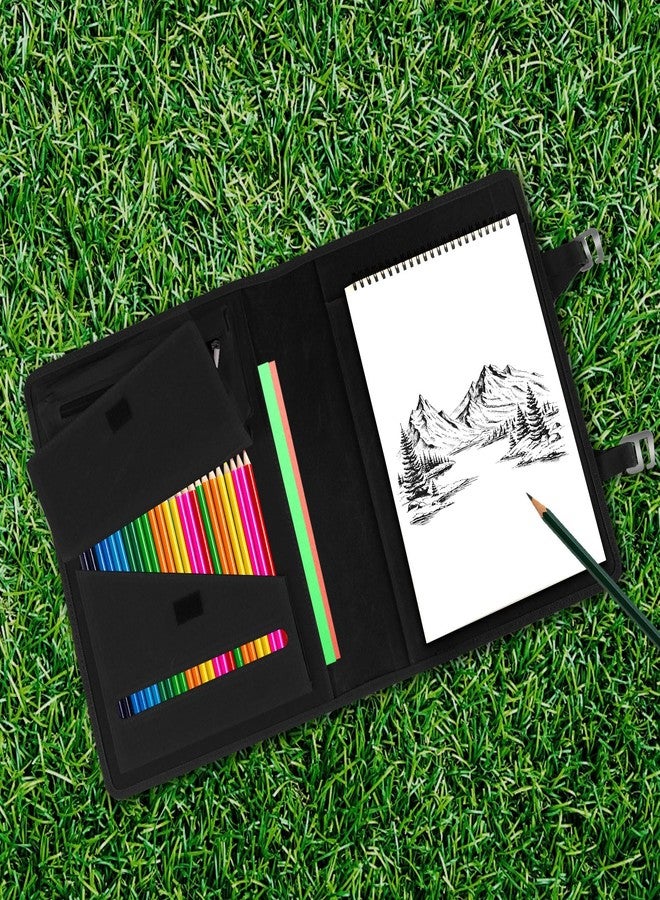 Plinyvel Sketchbook Cover for Travel with Pencil Holder - Waxed Canvas Organizer Compatible with 9x12 Sketch Book & 8.5x11 Spiral Pad | Art Supply Storage for Drawing Pens, Pencils (Black) - Image 5