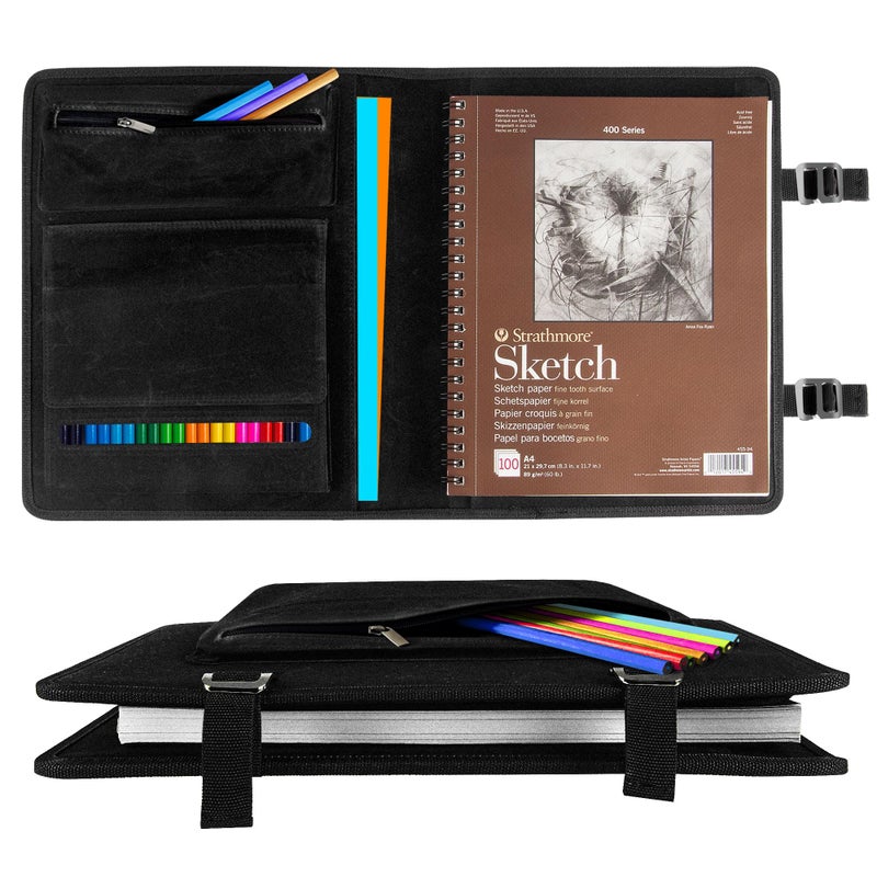 Plinyvel Sketchbook Cover for Travel with Pencil Holder - Waxed Canvas Organizer Compatible with 9x12 Sketch Book & 8.5x11 Spiral Pad | Art Supply Storage for Drawing Pens, Pencils (Black) - Image 1