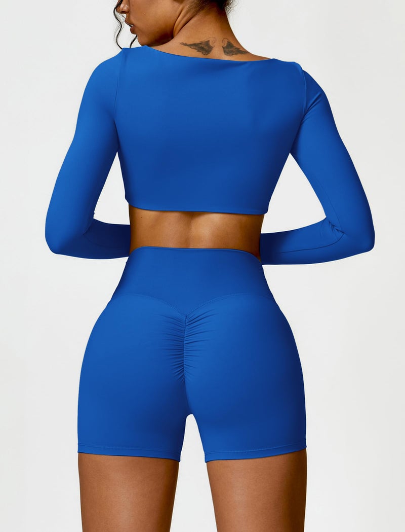 ABOCIW Workout Sets for Women 2 Piece Square Neck Long Sleeve Crop Tops High Waist Biker Shorts Gym Sets Royal Blue Medium - Image 2