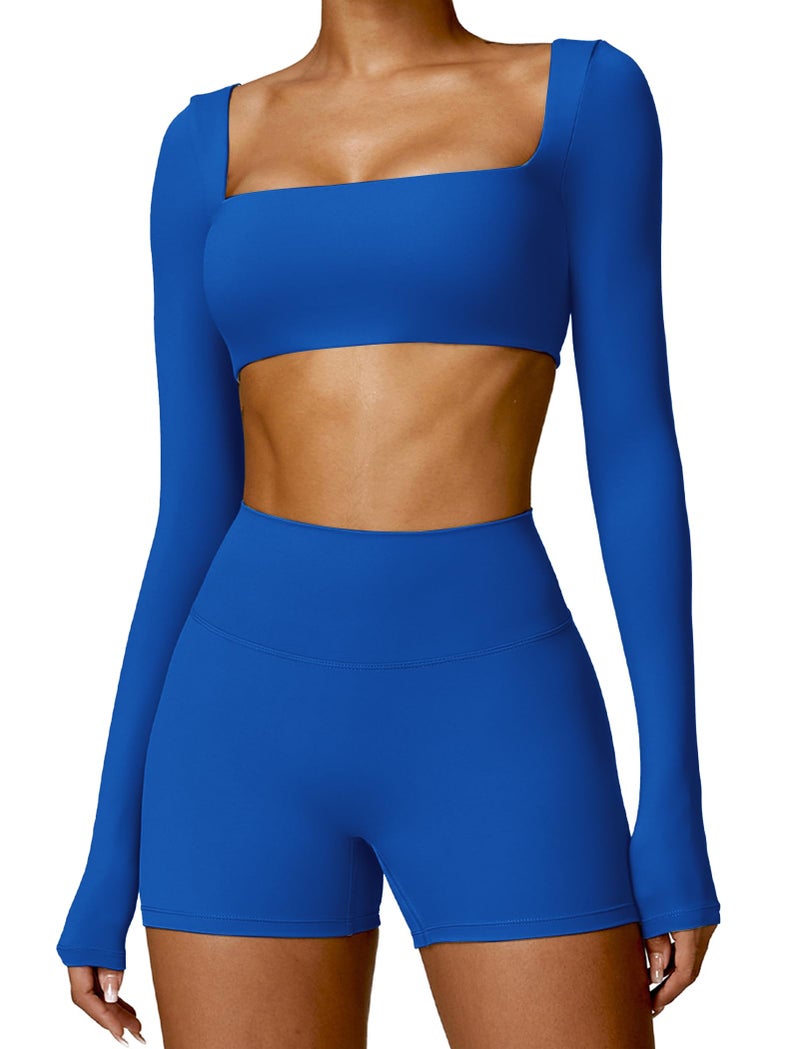 ABOCIW Workout Sets for Women 2 Piece Square Neck Long Sleeve Crop Tops High Waist Biker Shorts Gym Sets Royal Blue Medium - Image 1