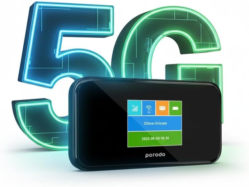 Porodo Portable MiFi 5G Wireless Router 5000mAh, with 40M Signal Distance, Dual-Band Wi-Fi, 12H Working Time, Up to 16 Devices Supported, 4G LTE Performance, Advanced Encryption, Black - Image 1