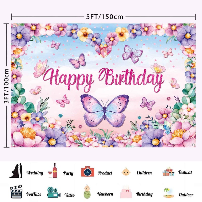 LDWLYW Butterfly Happy Birthday Banner Backdrop Pink Purple Butterflies Birthday Party Decorations for Women Girls Spring Flower Butterfly Theme Photography Background Wall Decor 5x3ft - Image 3