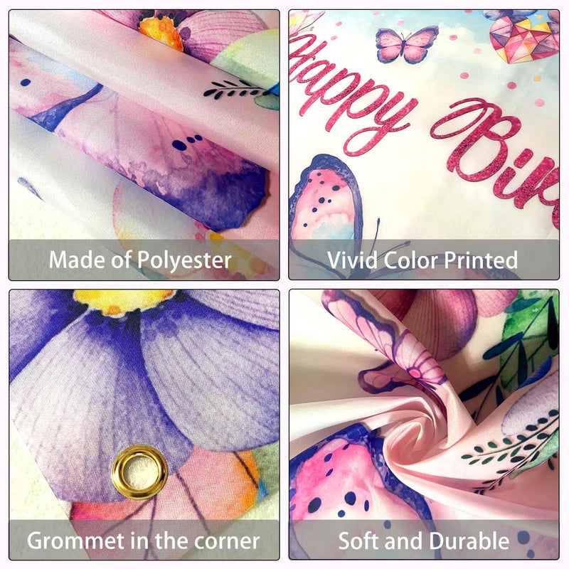 LDWLYW Butterfly Happy Birthday Banner Backdrop Pink Purple Butterflies Birthday Party Decorations for Women Girls Spring Flower Butterfly Theme Photography Background Wall Decor 5x3ft - Image 4