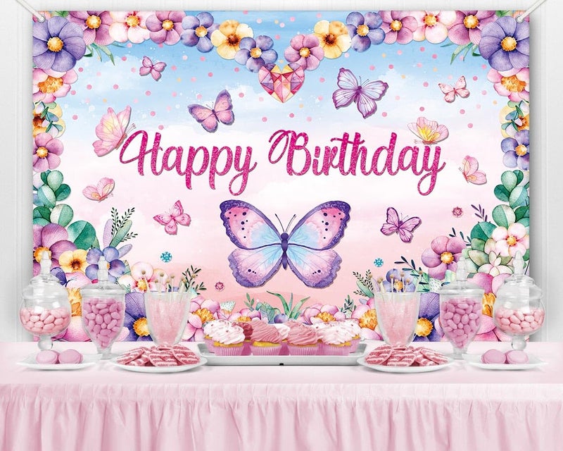 LDWLYW Butterfly Happy Birthday Banner Backdrop Pink Purple Butterflies Birthday Party Decorations for Women Girls Spring Flower Butterfly Theme Photography Background Wall Decor 5x3ft - Image 5