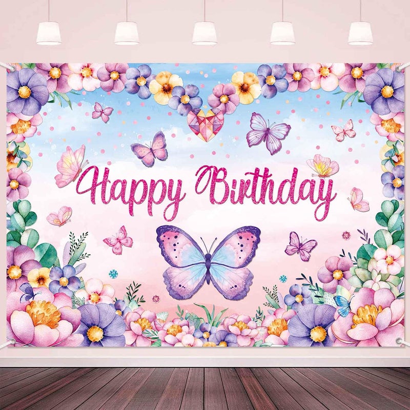 LDWLYW Butterfly Happy Birthday Banner Backdrop Pink Purple Butterflies Birthday Party Decorations for Women Girls Spring Flower Butterfly Theme Photography Background Wall Decor 5x3ft - Image 2