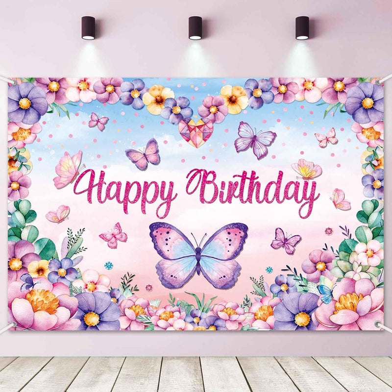 LDWLYW Butterfly Happy Birthday Banner Backdrop Pink Purple Butterflies Birthday Party Decorations for Women Girls Spring Flower Butterfly Theme Photography Background Wall Decor 5x3ft - Image 1
